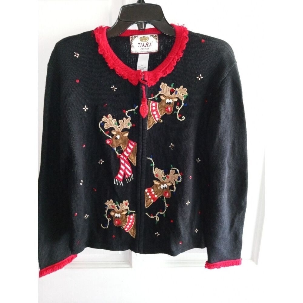 Tiara Christmas Lights Full Zip Sweater Black Animal Red Embroidery Sz L Petite